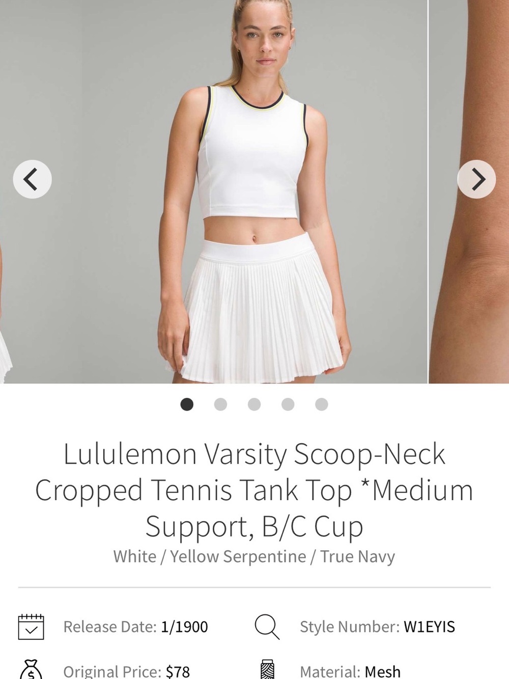Lululemon White Varsity Scoop-Neck Cropped Tennis Tank
